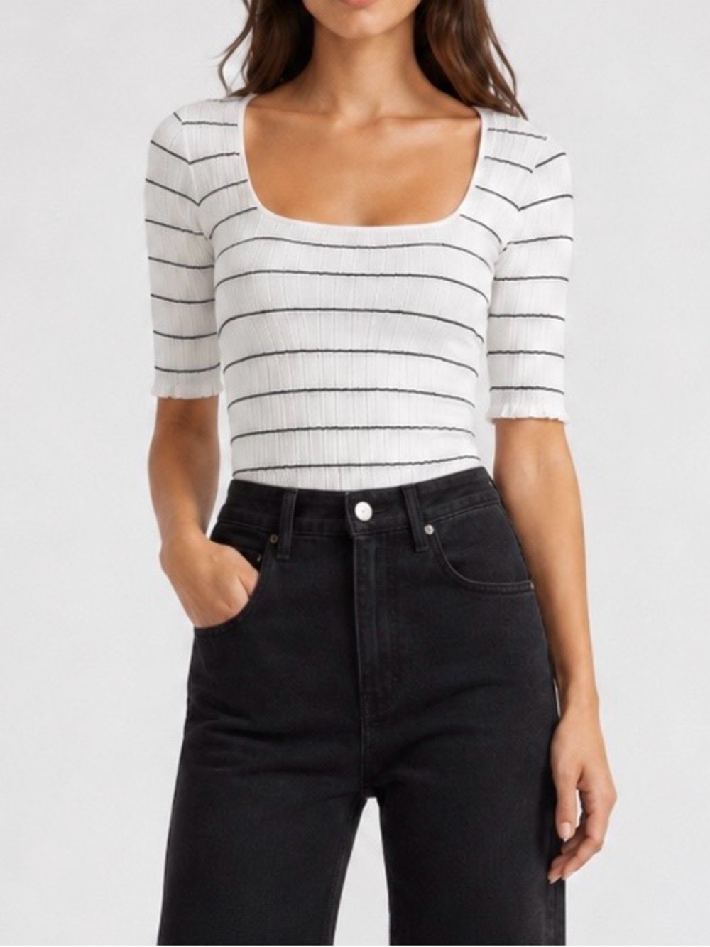 Vince White/Black Striped Ribbed Knit Scoop Neck Elbow Sleeve Stretch Top S